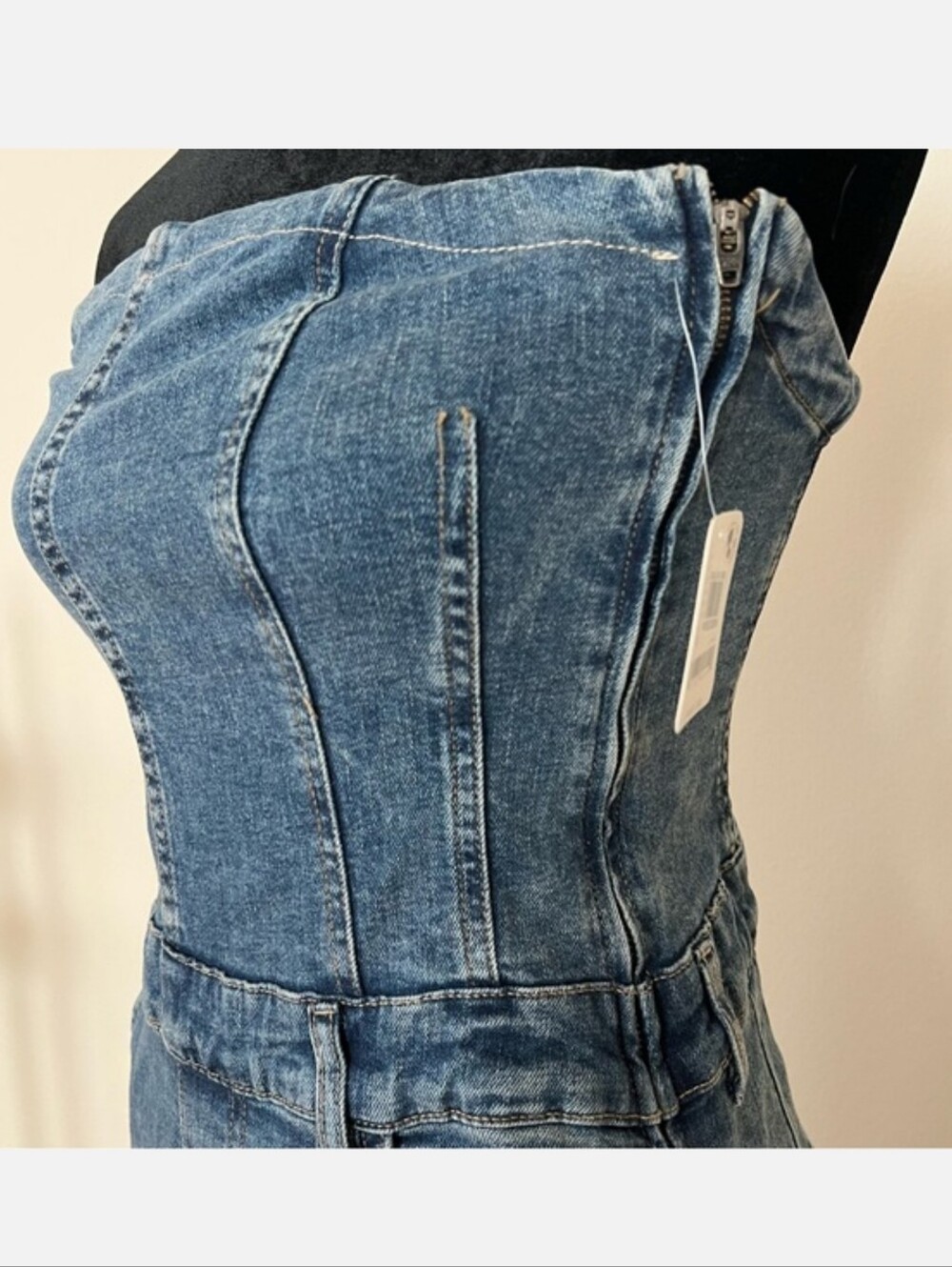 We The Free Free People Je Suis Pret Denim Strapless Barrel Leg Jumpsuit NWT M - Picture 3 of 16